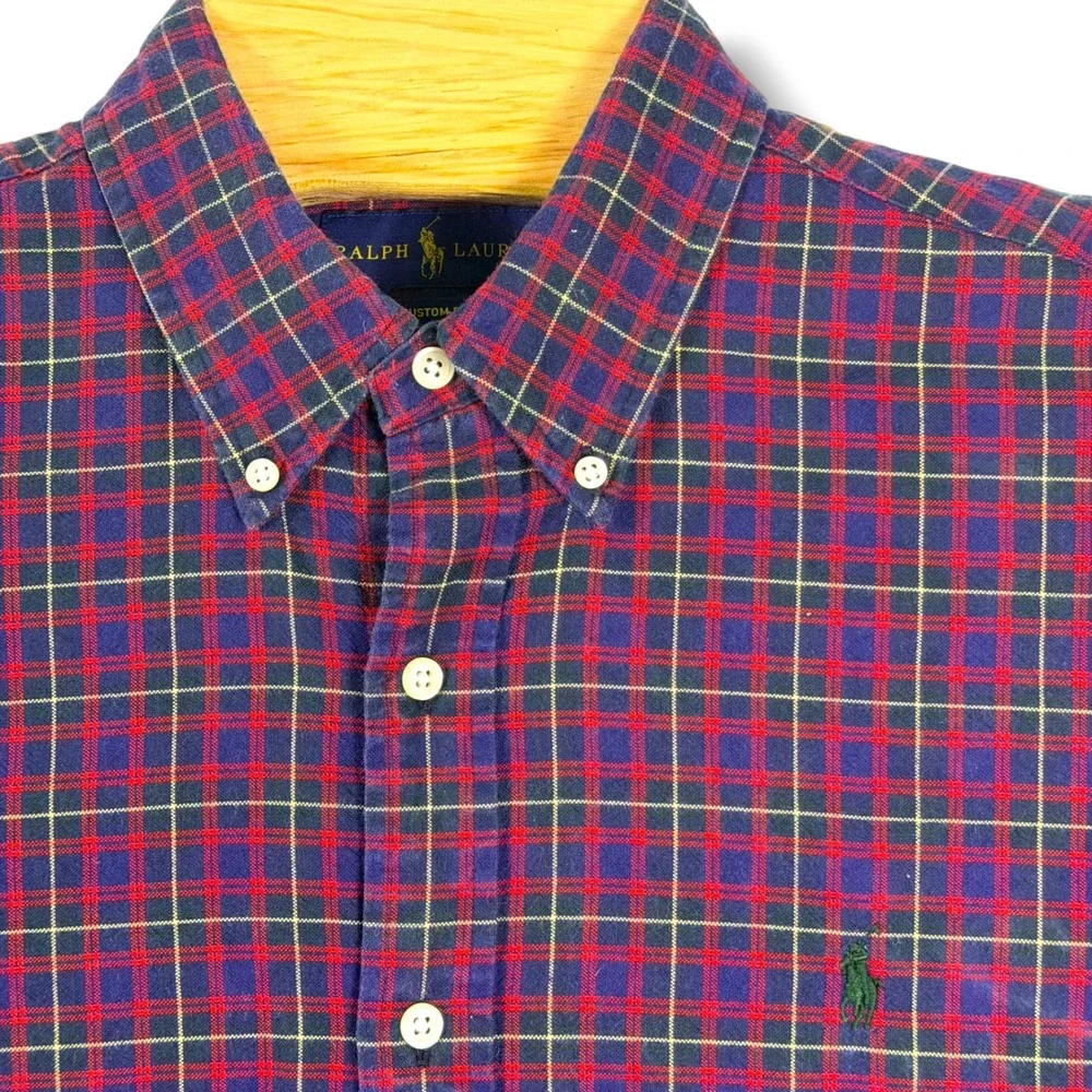 Ralph Lauren Button Down Men Large Blue Red Plaid Custom‎ Fit Flannel Work Shirt